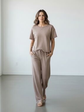 1243 • Coco 100% Cotton Slub Knit Drawstring Wide Leg Pants Side Split Top Set